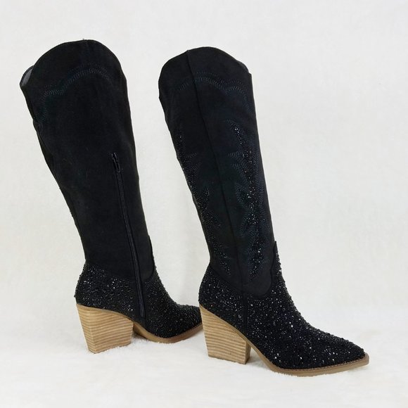 Anniston Black Rhinestone Glamour Country Western Cowgirl Knee Boots - Picture 6 of 12